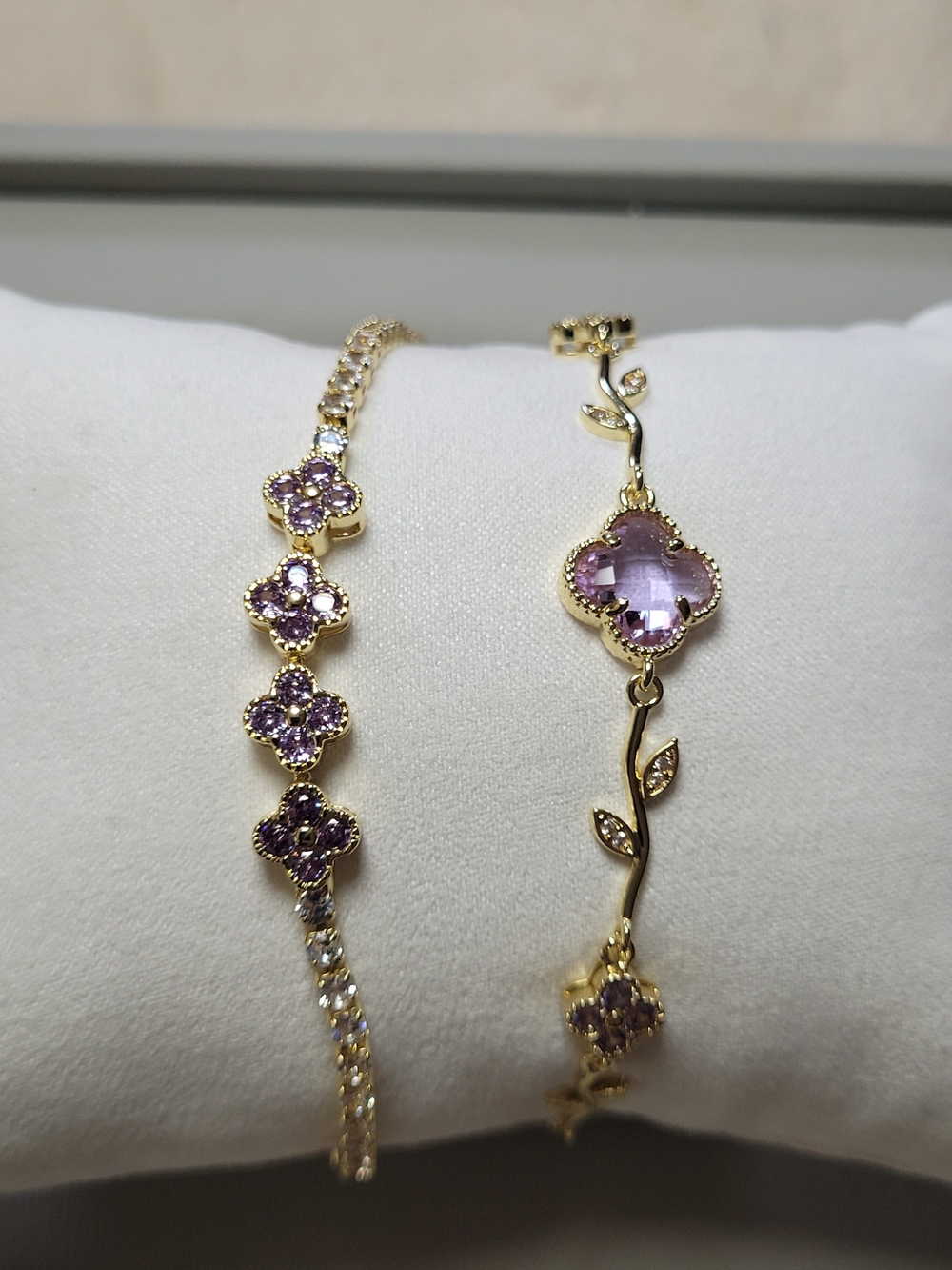 Gold-Tone Purple Flower Crystal Bracelet Set - Picture 3 of 5